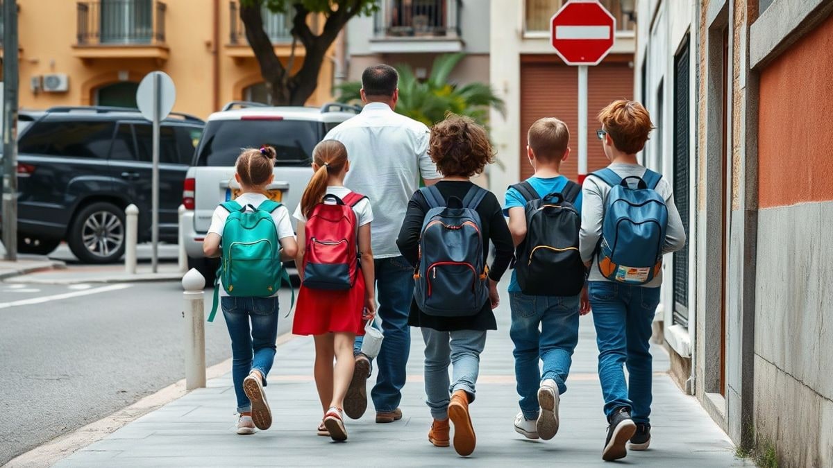 Imagen ilustrativa: un grupo de escolares con mochilas camina por una acera de una calle residencial, acompañados por un adulto, en un día nublado.