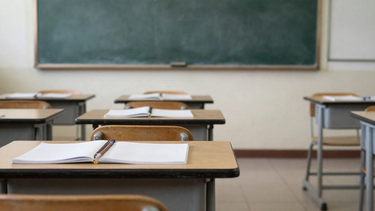 Imagen ilustrativa: fila de pupitres vacíos en un aula con cuadernos y lápices sobre las mesas