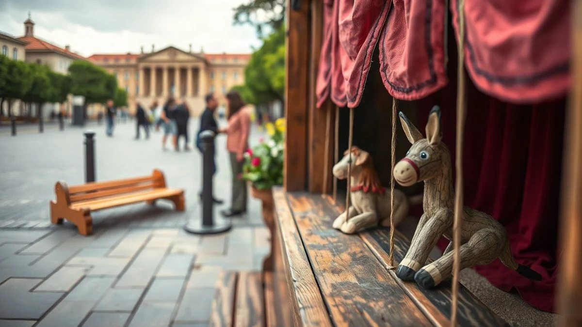 Imagen ilustrativa: marionetas de gallo, perro y burro sobre un pequeño escenario de madera en una plaza al aire libre