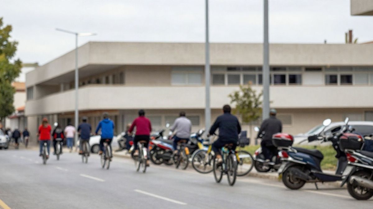 Imagen ilustrativa: patio escolar con circuito de educación vial pintado en el suelo y bicicletas pequeñas