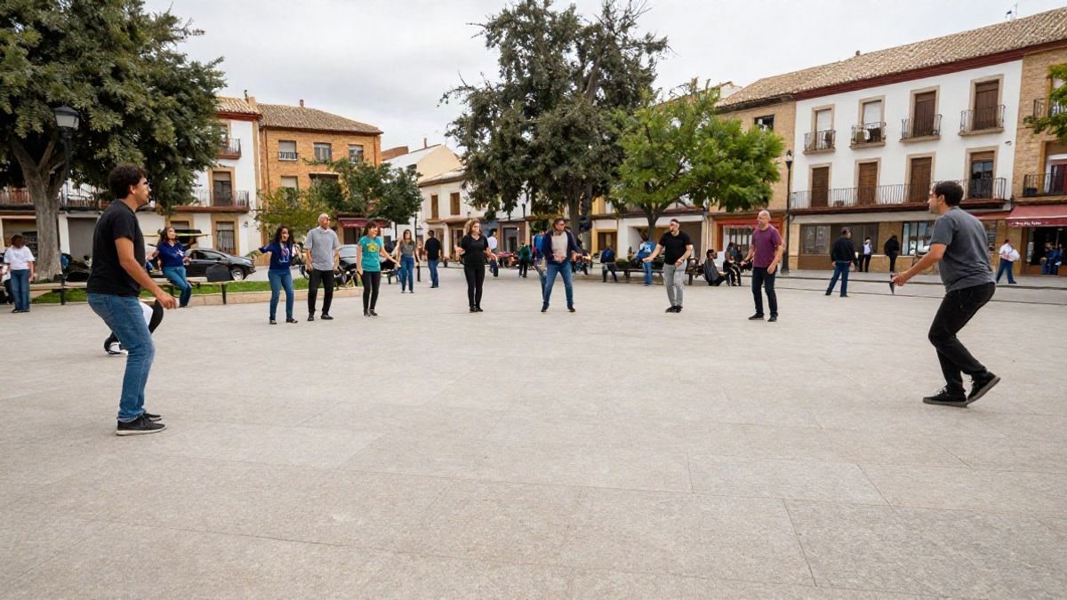 Imagen ilustrativa: parque público con elementos de juegos tradicionales, como cuerda y pañuelo, en un ambiente familiar
