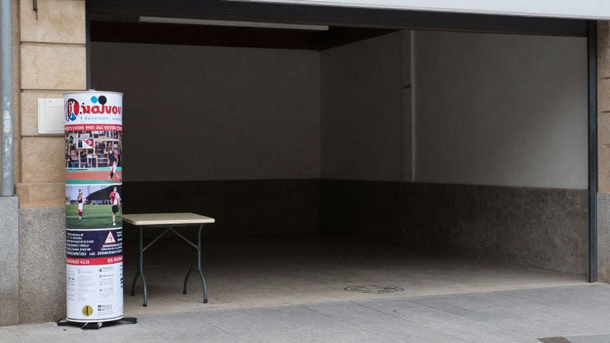 Imagen ilustrativa: entrada de un pabellón polideportivo genérico con un cartel y una mesa plegada