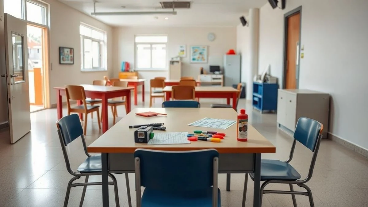 Imagen ilustrativa: aula escolar con mesas y material de manualidades, sin personas.