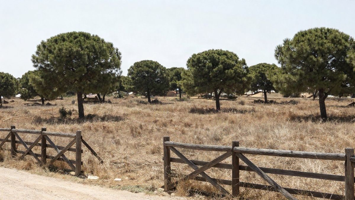 Illustrative image: rural landscape of the mountains with dry meadows and pines under a sunny, hot sky.