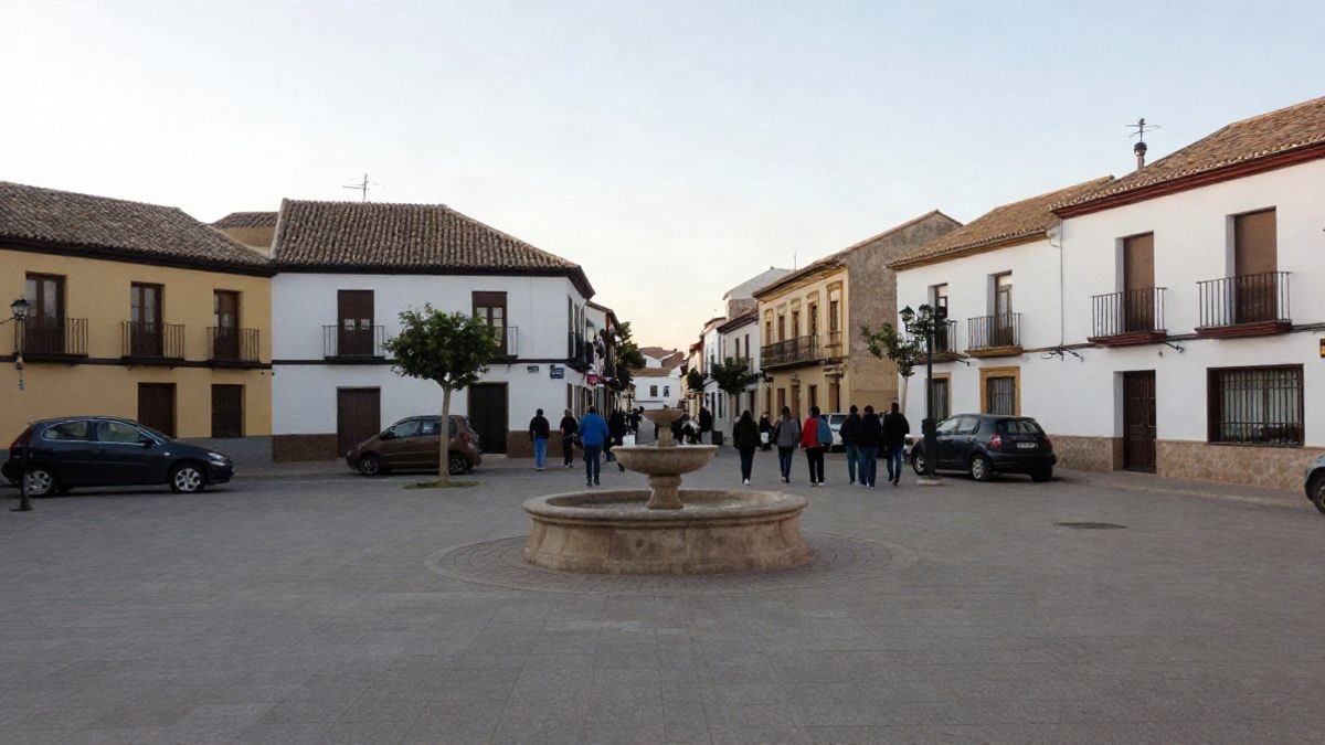 Imagen ilustrativa: plaza de un pueblo español con edificios bajos y una fuente de piedra