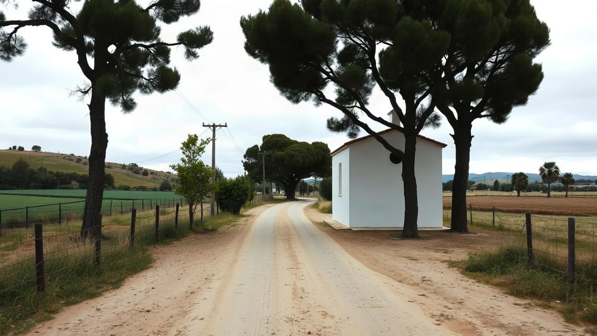 Imagen ilustrativa: sendero rural hacia una ermita blanca con gente caminando a lo lejos