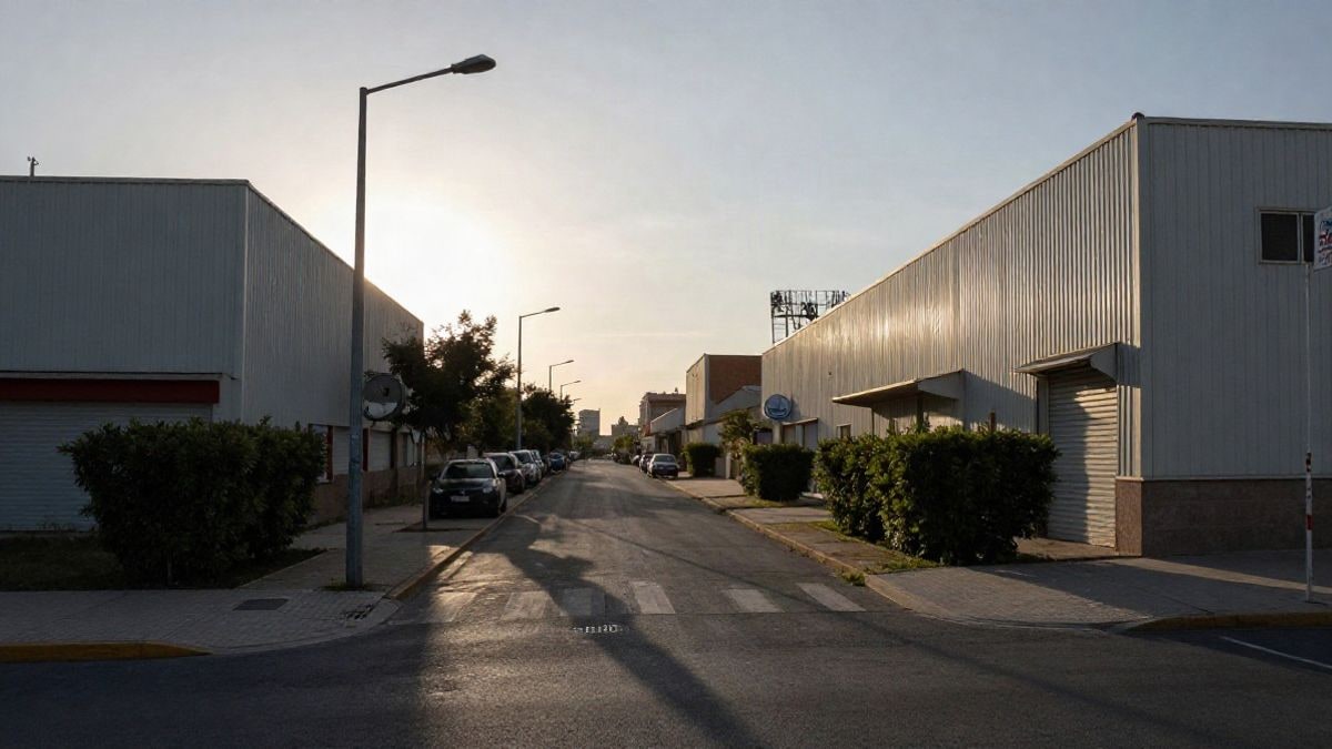 Imagen ilustrativa: vial interior de un parque empresarial genérico al atardecer, con siluetas y sombras largas