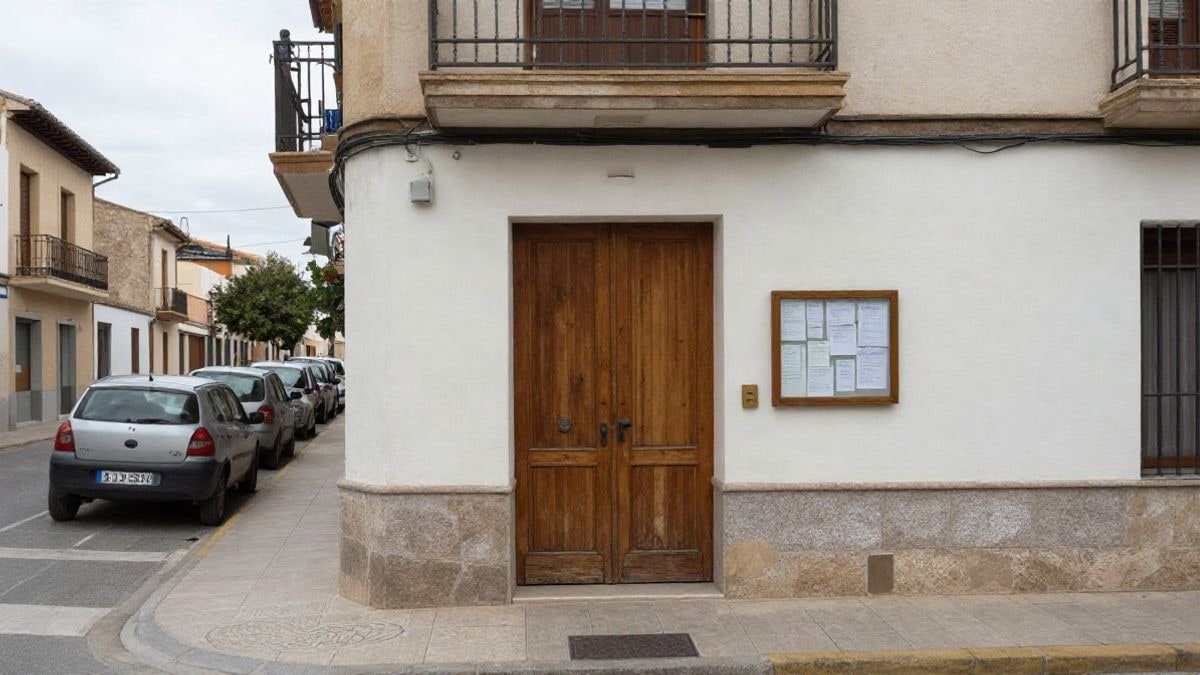 Imagen ilustrativa: entrada de un edificio municipal en un pueblo español en un día nublado