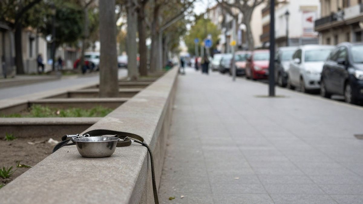 Imagen ilustrativa: sendero urbano pavimentado con árboles y un cuenco de agua y una correa sobre un muro bajo