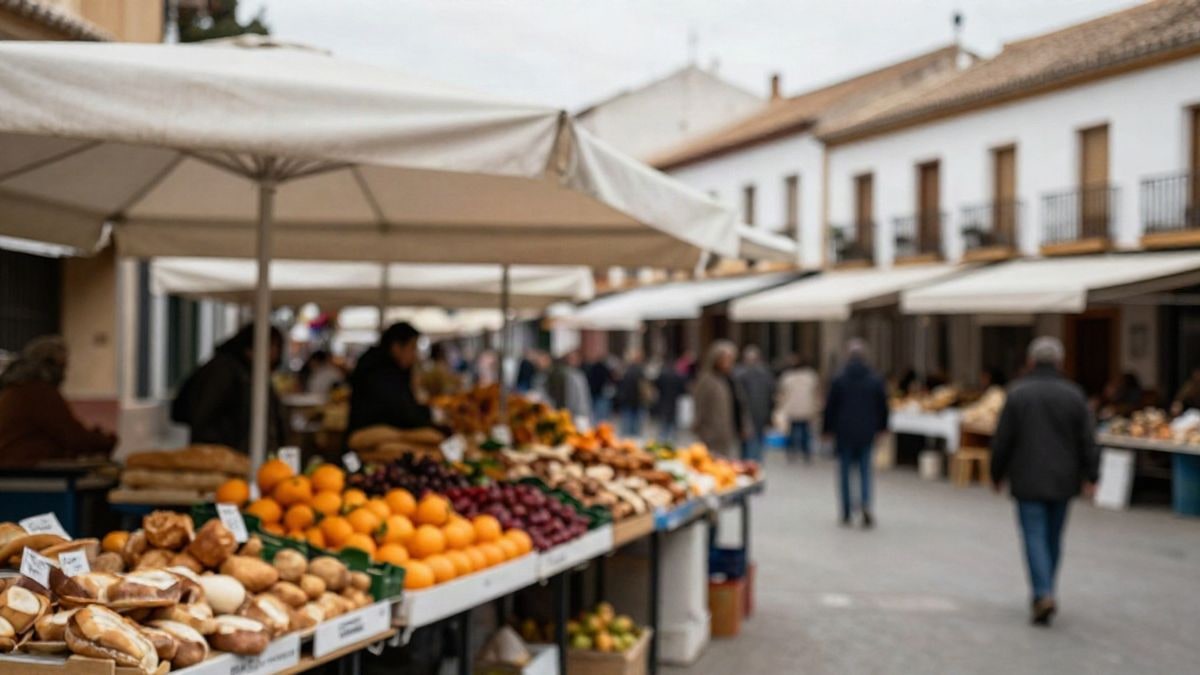 Imagen ilustrativa: un mercado callejero con puestos de frutas y productos artesanos en una plaza española