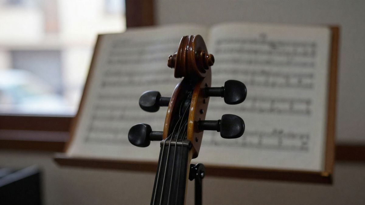 Illustrative image: close-up of a violin on a music stand with scores in a rehearsal room