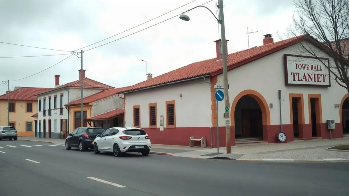 Imagen ilustrativa: fachada de un edificio consistorial de un pueblo con un coche aparcado delante, en un día nublado.
