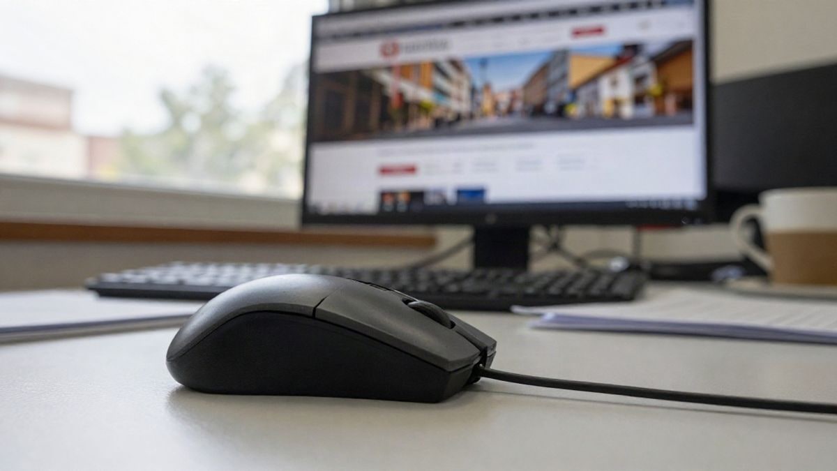 Imagen ilustrativa: un ratón de ordenador sobre una mesa junto a un teclado, con una pantalla de fondo desenfocada.