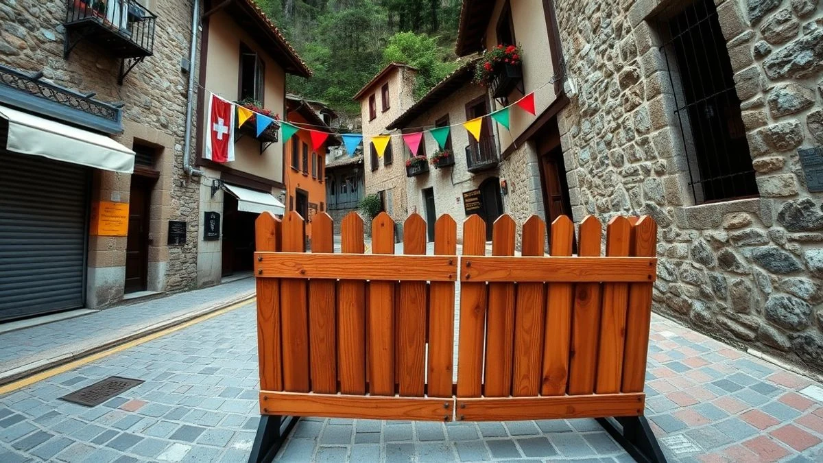 Imagen ilustrativa: calle de un pueblo serrano engalanada con banderines y una barrera de encierro, con la sierra al fondo.