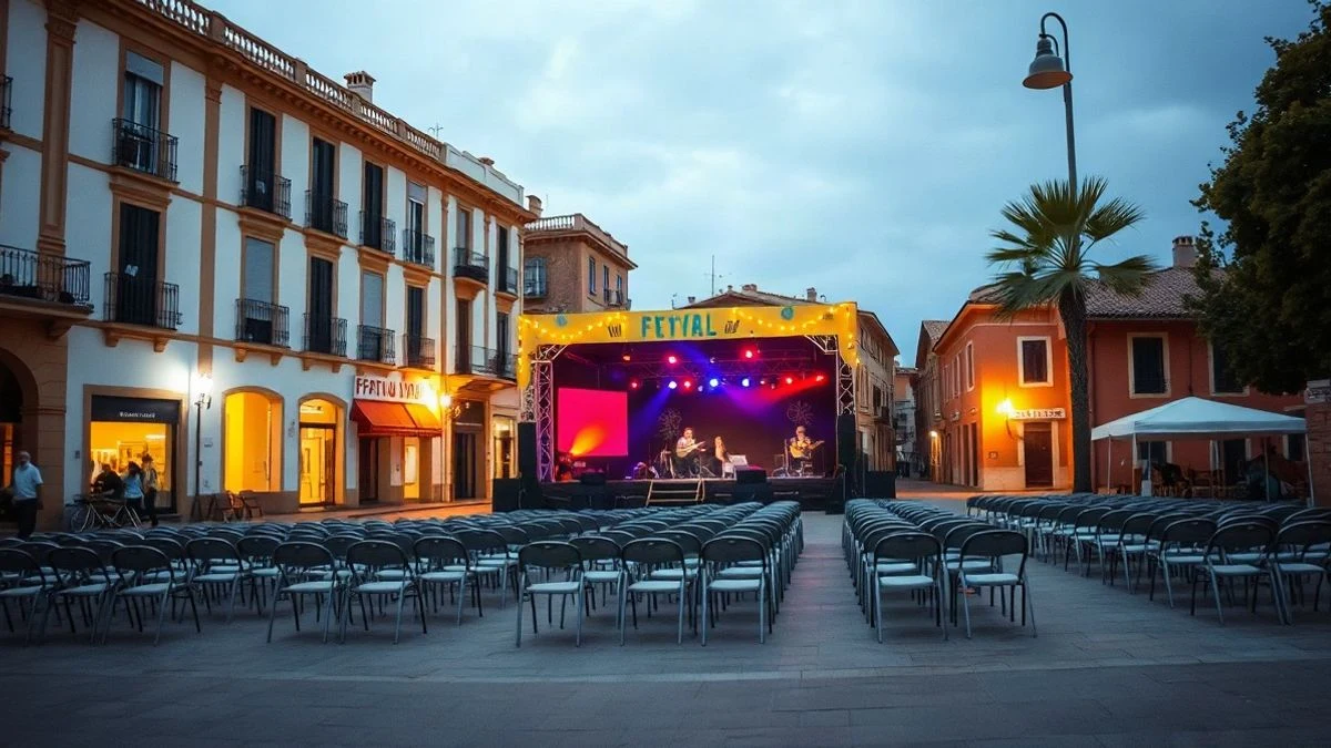 Imagen ilustrativa: plaza de un pueblo español con un escenario al aire libre preparado para una verbena