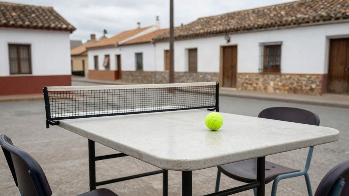 Imagen ilustrativa: una mesa de ping-pong con palas y pelotas en un patio al aire libre de un pueblo.