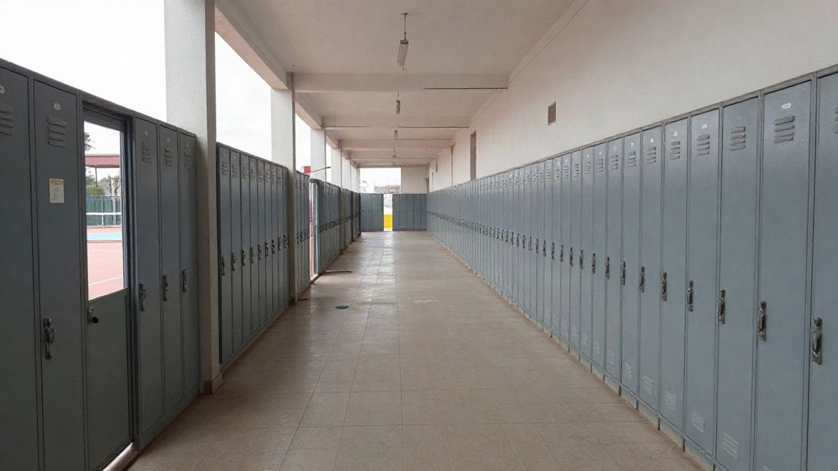 Imagen ilustrativa: pasillo de un centro deportivo municipal con taquillas y puertas que convergen al fondo