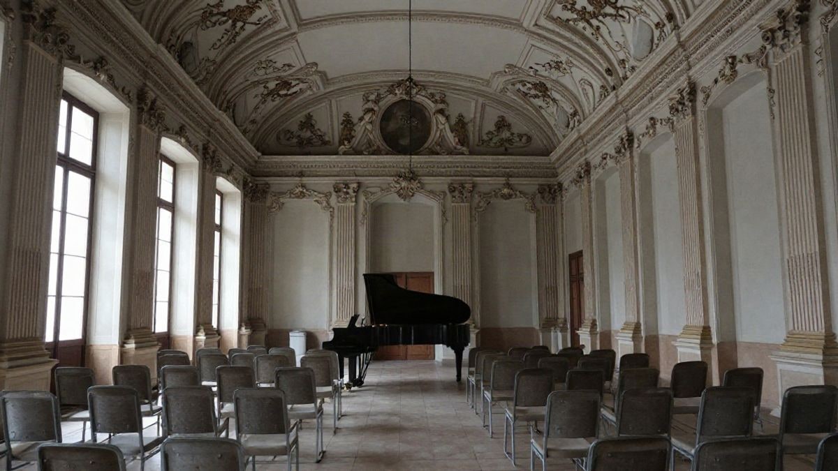 Imagen ilustrativa: sala de un palacio con un piano de cola y sillas vacías preparadas para un concierto