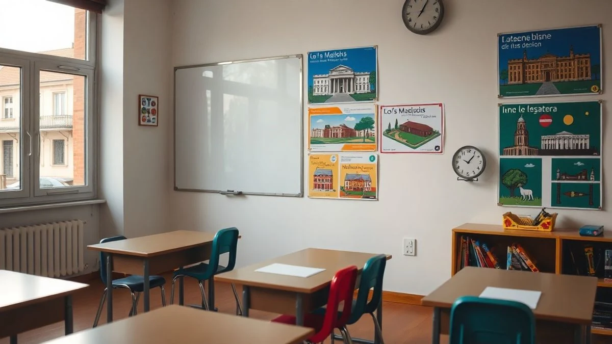 Imagen ilustrativa: un aula vacía con mesas y sillas infantiles y carteles educativos sobre museos.