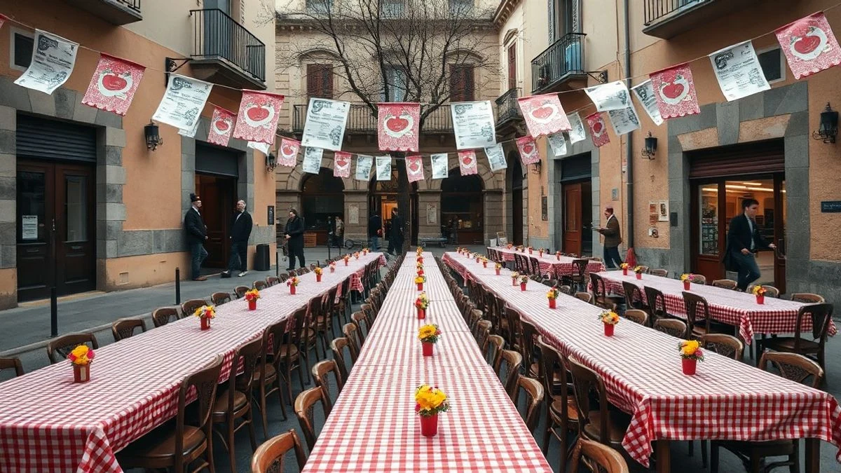 Imagen ilustrativa: mesa larga con mantel a cuadros y sillas en una plaza, con guirnaldas de papel, sin personas.