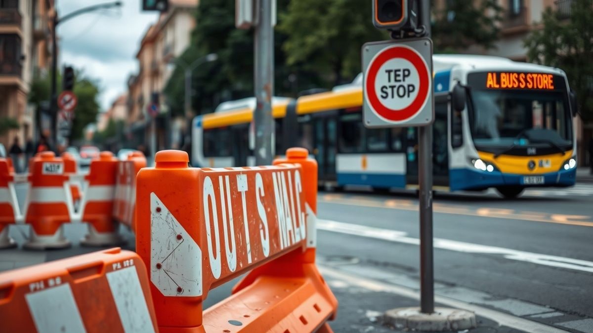Imagen ilustrativa: obras en una acera con una señal provisional de parada de autobús en una calle de Rivas-Vaciamadrid.