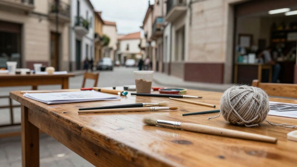 Imagen ilustrativa: mesa de madera con materiales de manualidades y ovillos de lana en un centro comunitario