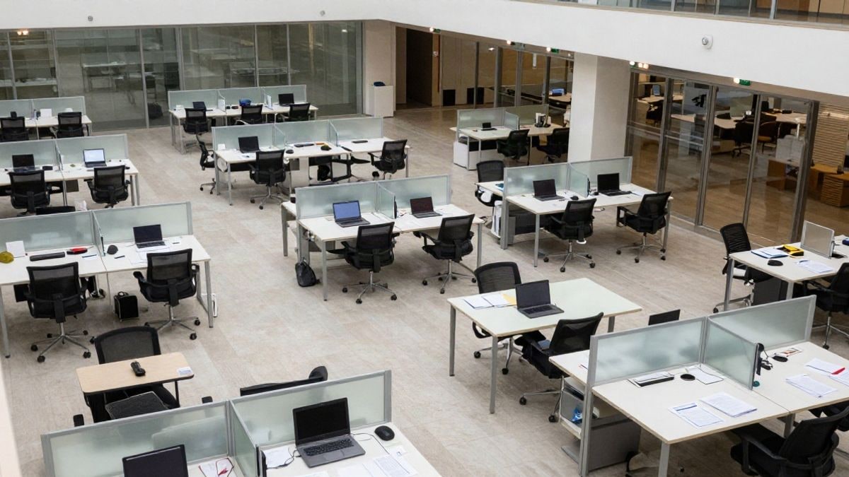 Imagen ilustrativa: vista cenital de un espacio de trabajo moderno con mesas y ordenadores