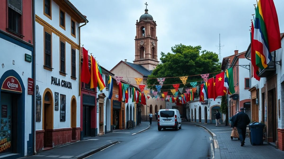 Imagen ilustrativa: calle decorada con banderines y luces festivas en un pueblo español, con una torre de iglesia al fondo.