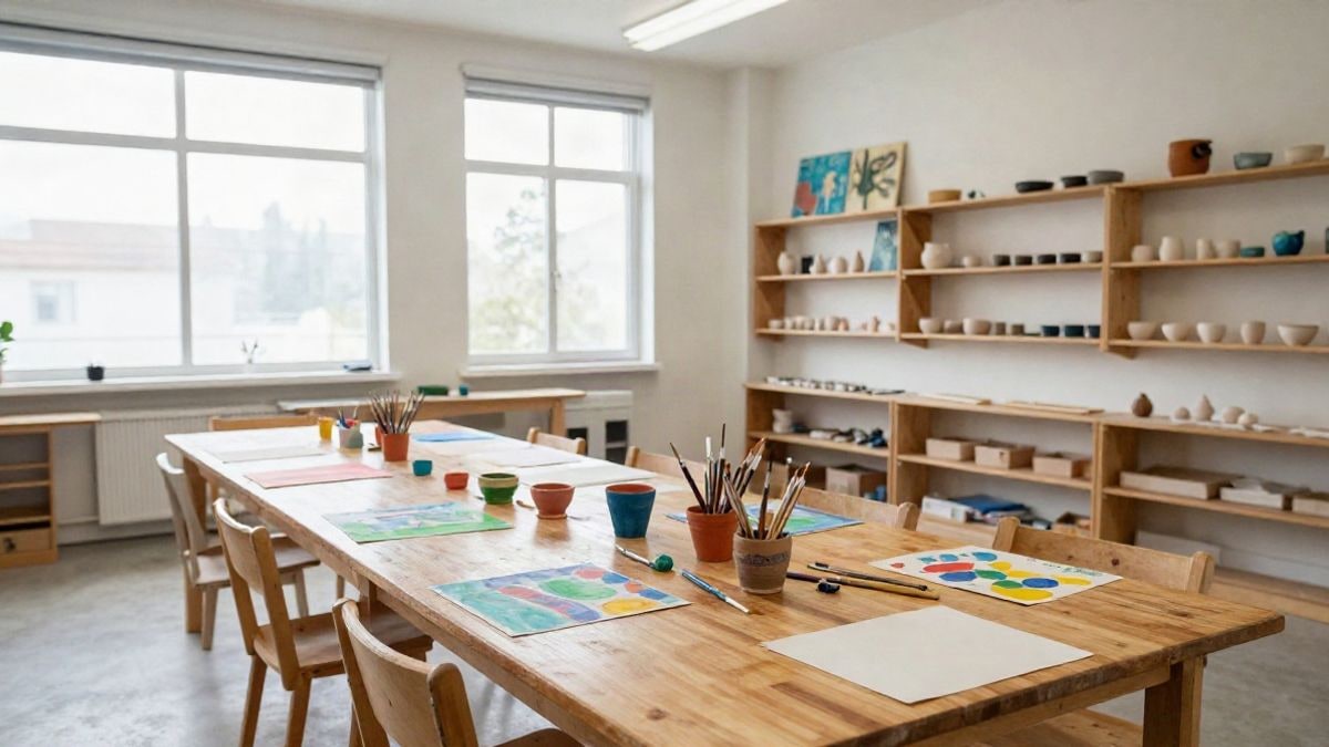 Illustrative image: a youth centre room with ceramics and painting materials on a table, ready for a workshop.