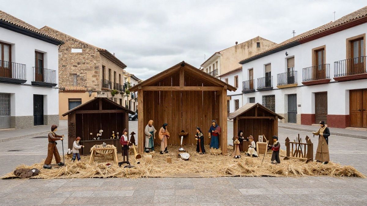 Imagen ilustrativa: un belén navideño instalado en una plaza de un pueblo español, sin personas