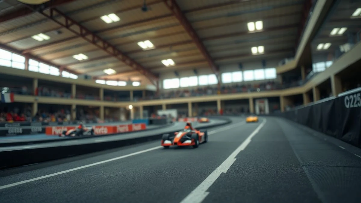 Imagen ilustrativa: circuito de slot con coches en miniatura en un pabellón deportivo