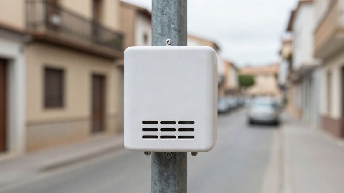 Illustrative image: close-up of an air quality sensor installed on a residential street