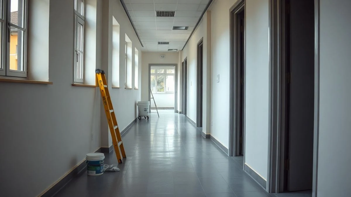 Imagen ilustrativa: pasillo de un colegio en obras, con pintura fresca y material de construcción apilado, sin personas.
