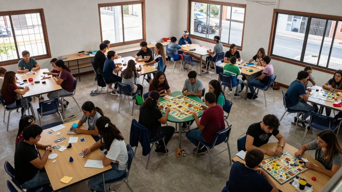 Illustrative image: overhead view of a youth centre room with tables, chairs, and activity materials