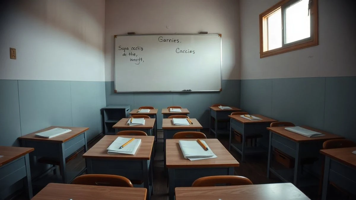 Imagen ilustrativa: un aula vacía con pupitres, cuadernos y una pizarra con anotaciones en inglés.