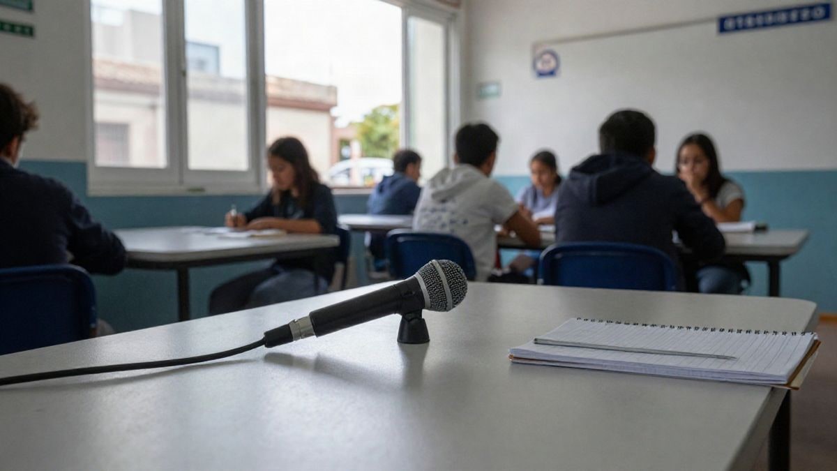 Imagen ilustrativa: un micrófono sobre una mesa en una sala de centro juvenil