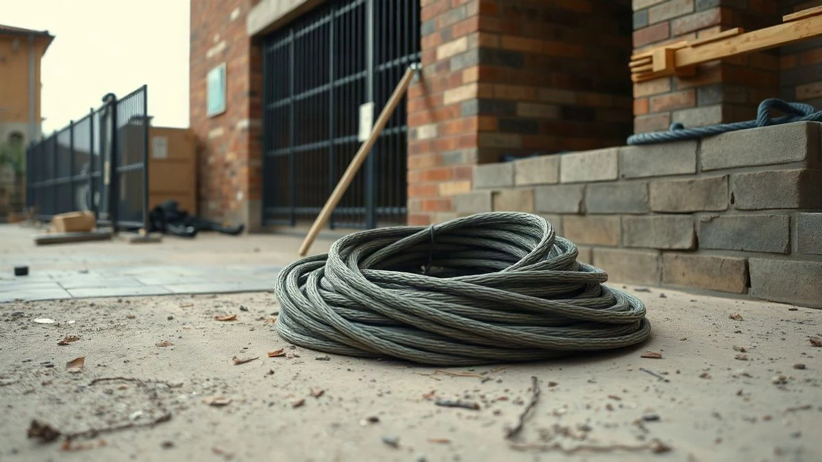 Imagen ilustrativa: un montón de cables eléctricos en el suelo de una obra en construcción, con una valla metálica al fondo.
