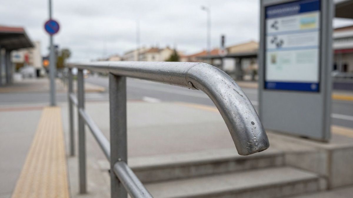 Imagen ilustrativa: primer plano de una barandilla y escaleras en el acceso de una estación de tren de cercanías