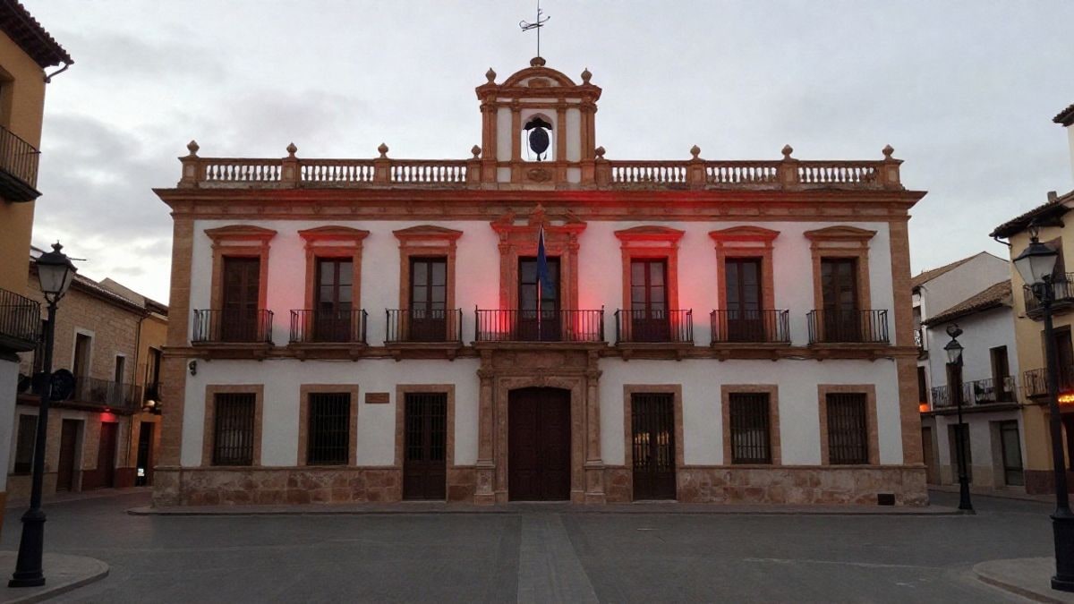 Imagen ilustrativa: fachada de un edificio consistorial iluminada en rojo al anochecer, sin elementos identificables.