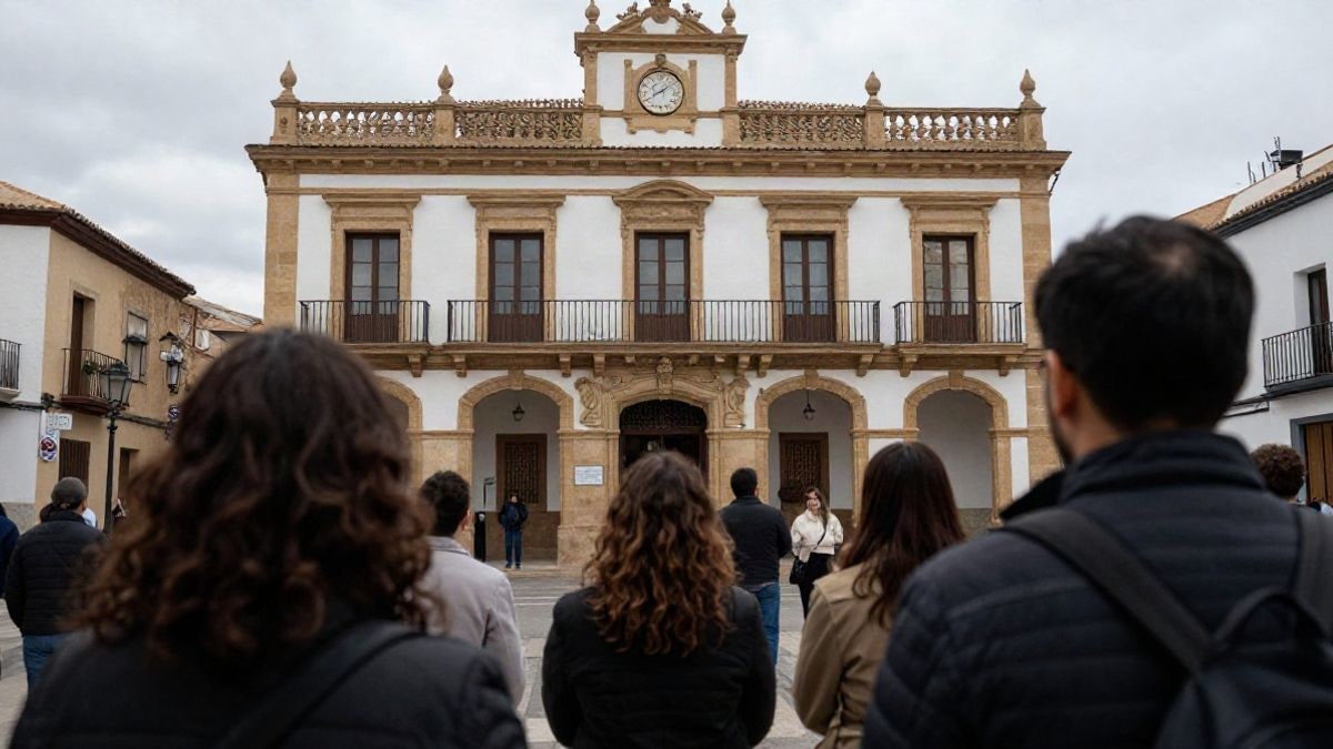 Imagen ilustrativa: grupo de personas de espaldas en una concentración silenciosa frente a un edificio consistorial.