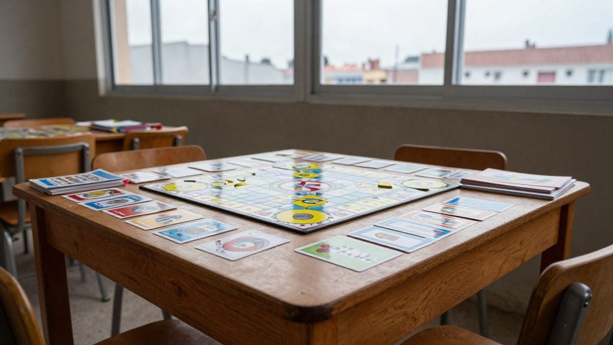 Imagen ilustrativa: detalle de una mesa de aula con juegos de mesa y materiales de manualidades