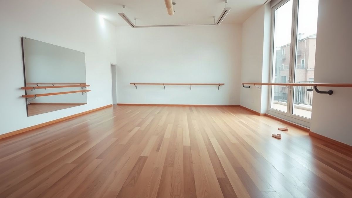 Imagen ilustrativa: un estudio de danza vacío con espejo y barra, con zapatillas en el suelo.
