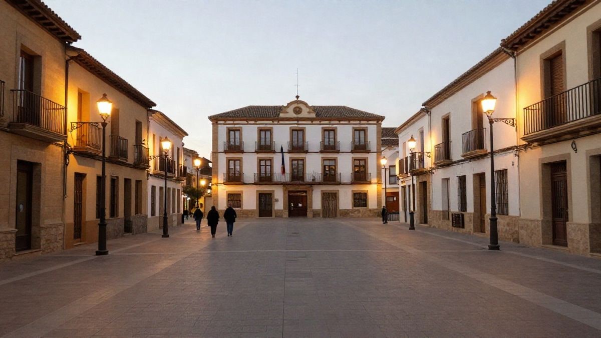 Imagen ilustrativa: plaza de una ciudad española al anochecer con farolas encendidas y viandantes de espaldas