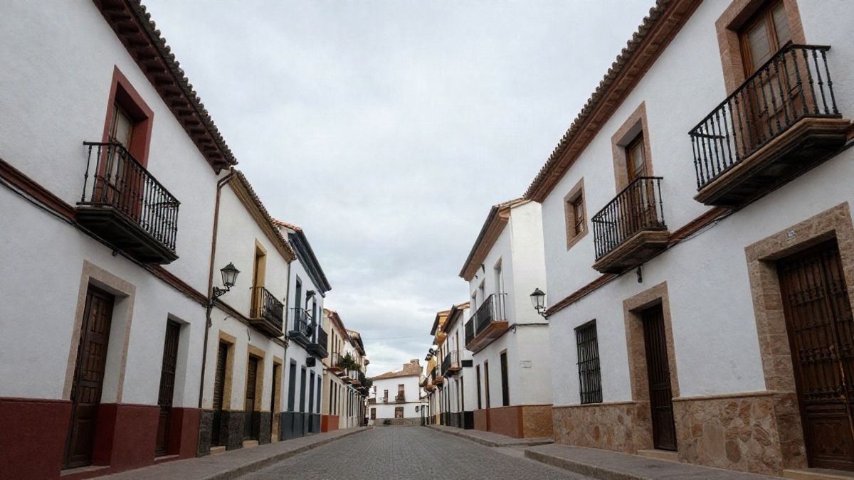 Illustrative image: low-angle view of a street in a Spanish municipality with traditional buildings and clear sky