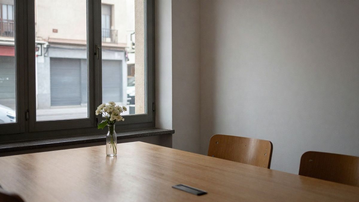Illustrative image: interior room with side window light, an empty chair next to a table and a small bouquet of white flowers