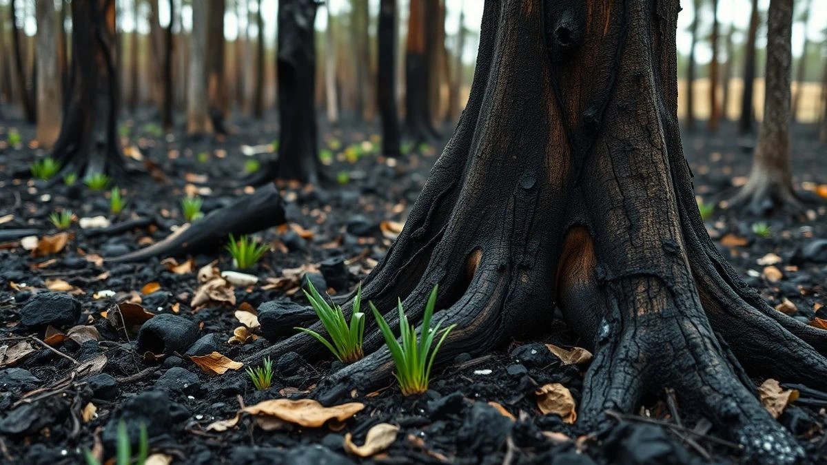 Illustrative image: burned logs and blackened ground in a forest clearing after a fire, with green shoots emerging at the base of a tree.