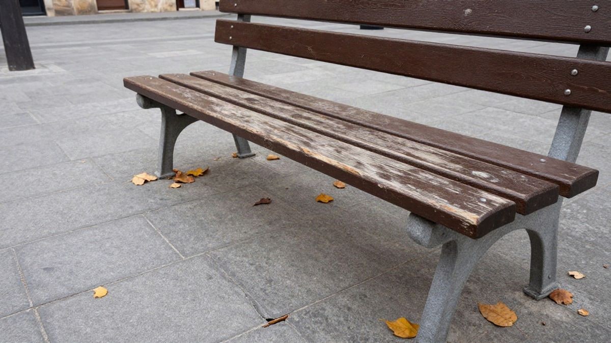 Illustrative image: detail of a wooden bench and dry leaves on a stone floor in a square