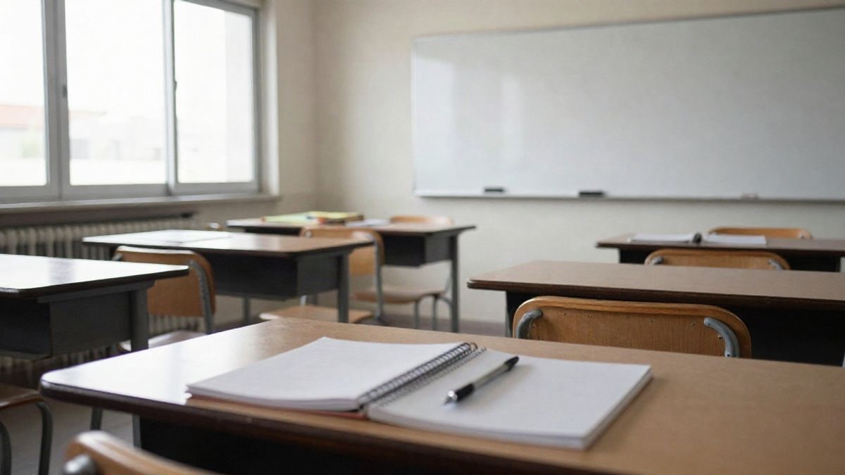 Imagen ilustrativa: un aula vacía de un centro de educación de adultos con pupitres y pizarra.