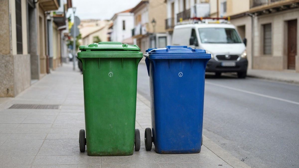 Imagen ilustrativa: contenedores de recogida selectiva en una acera de una calle española, con un vehículo de limpieza municipal al fondo.