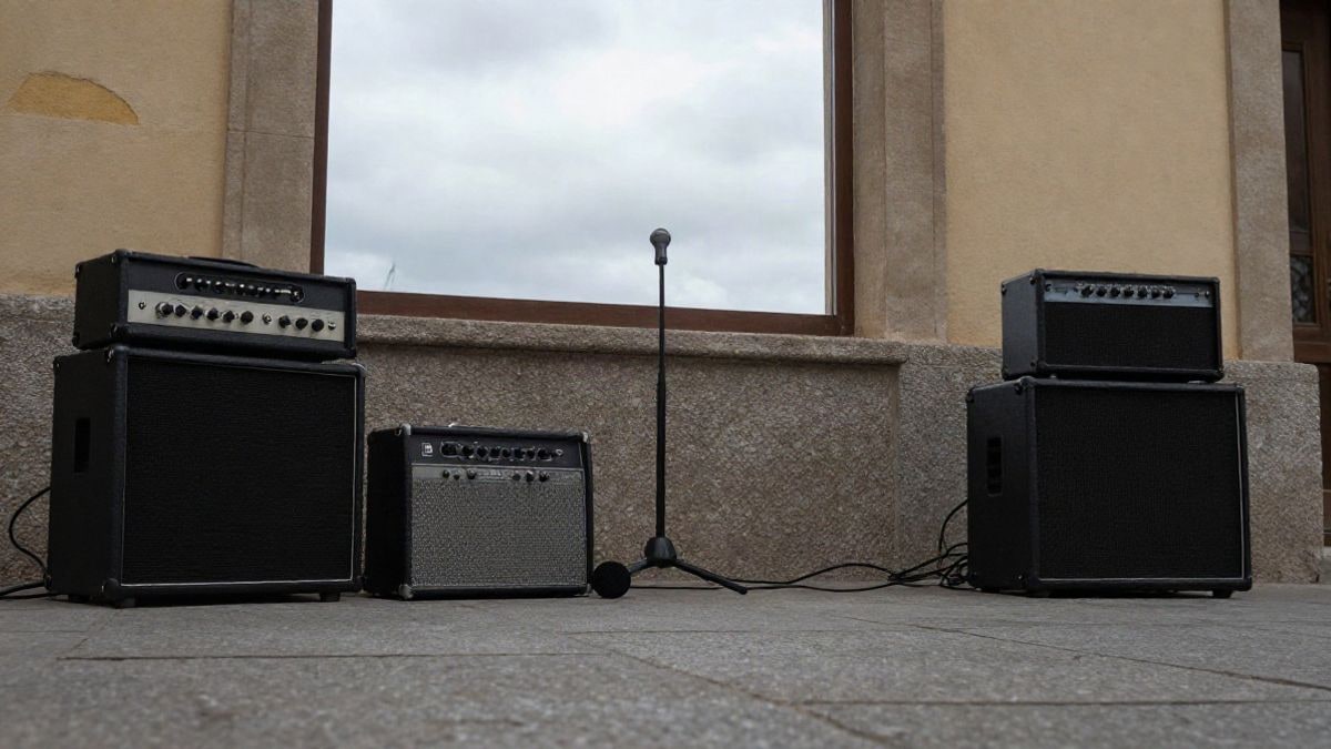 Imagen ilustrativa: sala de ensayo municipal vacía con instrumentos y amplificadores, vista desde el suelo con ventana al exterior.